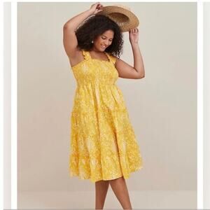 Torrid Poplin Tiered Yellow Sundress Smocked Sleeveless Maxi Dress Size 10